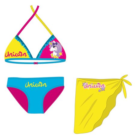 Unikornis fürdőruha szett - bikini háromszög felsőrésszel+szoknya kislányoknak - türkizkék-pink-sárga - 104