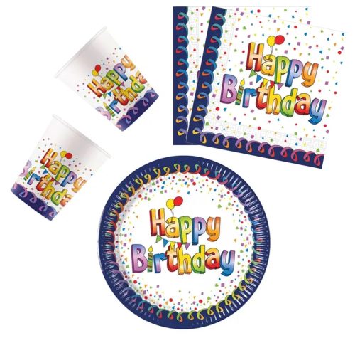 Multicolor Happy Birthday party szett 36 db-os 20 cm-es tányérral