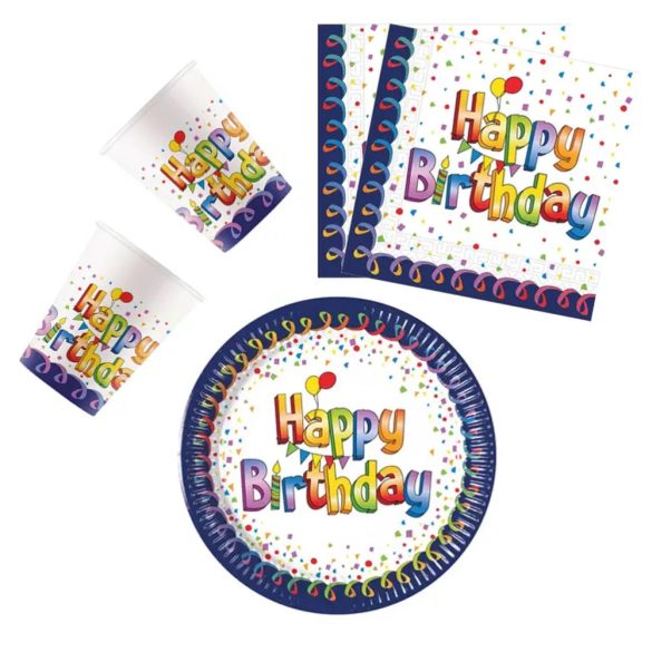 Multicolor Happy Birthday party szett 36 db-os 20 cm-es tányérral