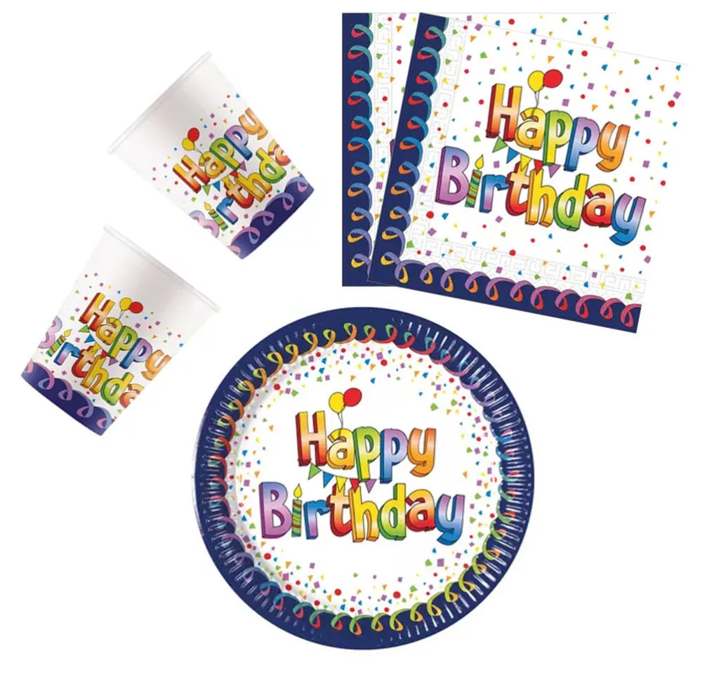 Multicolor Happy Birthday party szett 36 db-os 20 cm-es tányérral